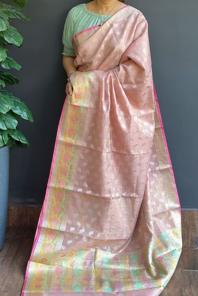 1246SR01 | Champagne Pink Soft Silky Cotta Saree W/Full Body Antique Golden Zari Woven Floral Motifs W/Border & Pallu