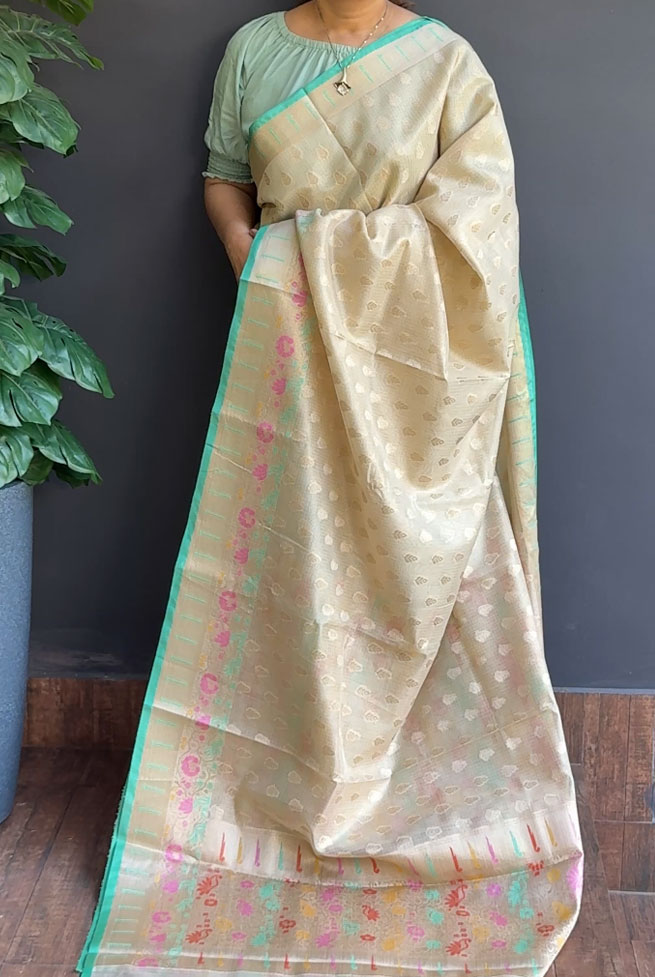 1246SR10 | Pearl Cream Soft Silky Cotta Saree W/Full Body Antique Golden Zari Woven Floral Motifs W/Border & Pallu
