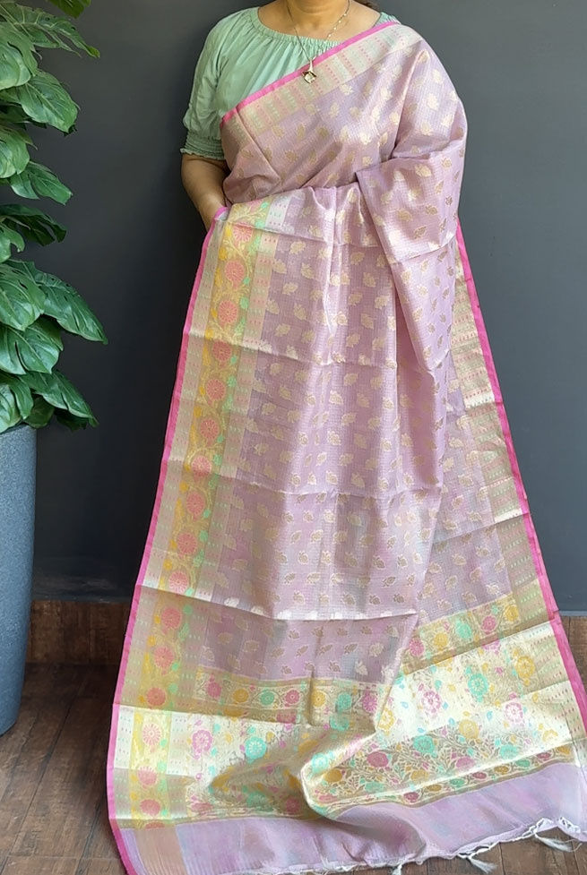 1246SR04 | Lavender Soft Silky Cotta Saree W/Full Body Antique Golden Zari Woven Floral Motifs W/Border & Pallu
