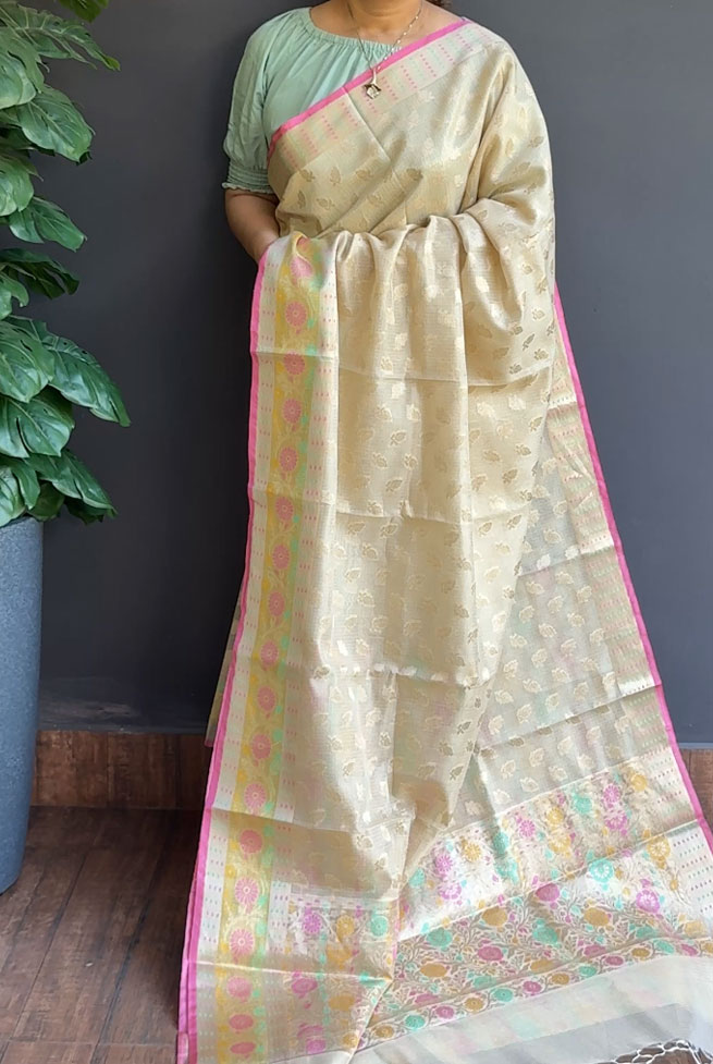 1246SR05 | Pearl Cream Soft Silky Cotta Saree W/Full Body Antique Golden Zari Woven Floral Motifs W/Border & Pallu