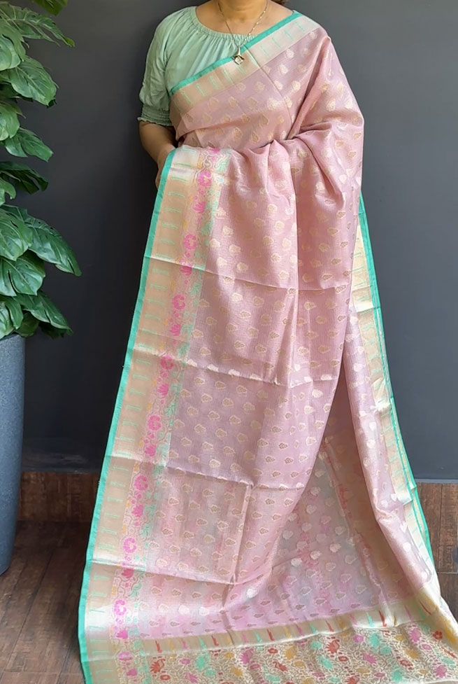 1246SR06 | Champagne Pink Soft Silky Cotta Saree W/Full Body Antique Golden Zari Woven Floral Motifs W/Border & Pallu
