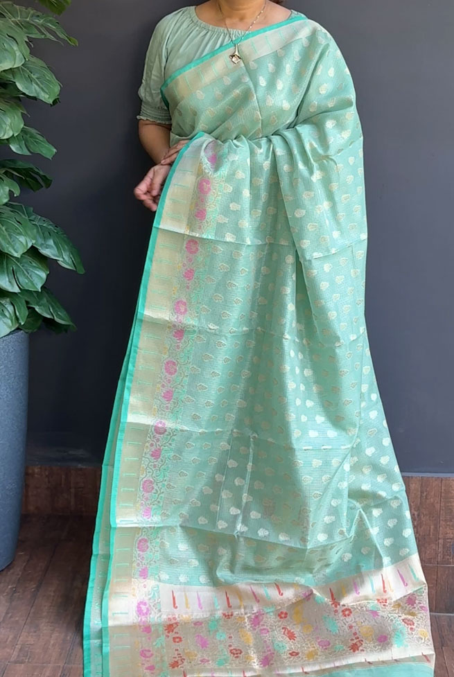 1246SR07 | Ocean Green Soft Silky Cotta Saree W/Full Body Antique Golden Zari Woven Floral Motifs W/Border & Pallu