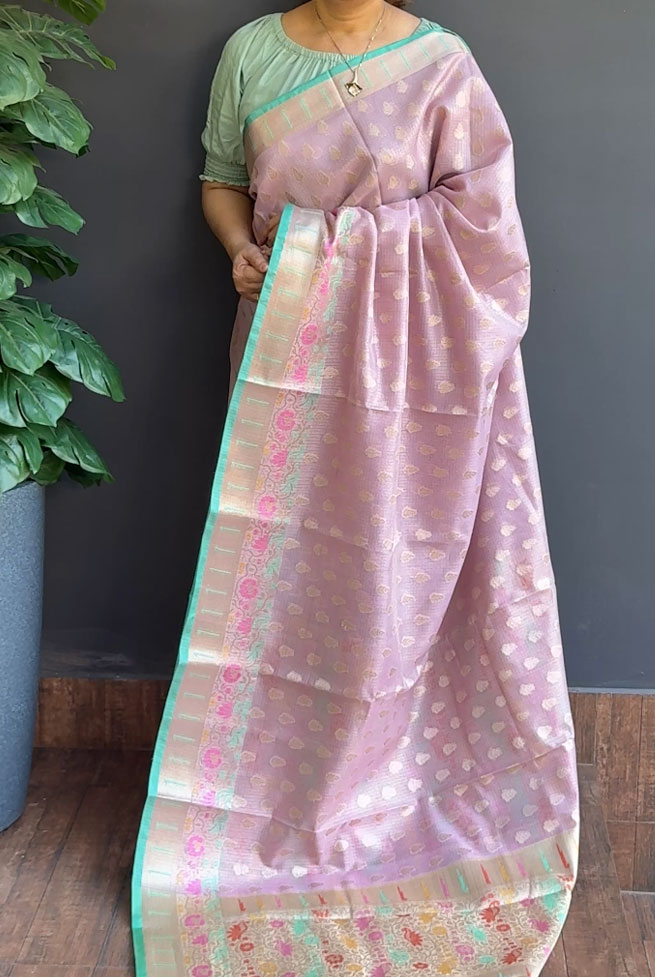 1246SR09 | Lavender Soft Silky Cotta Saree W/Full Body Antique Golden Zari Woven Floral Motifs W/Border & Pallu