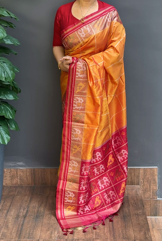 1334SR01 | Mustard Yellow with Red Semi Silk Saree W/Full Body Golden Zari Check Weave Pattern W/Contrast Pochampally Border & Pallu