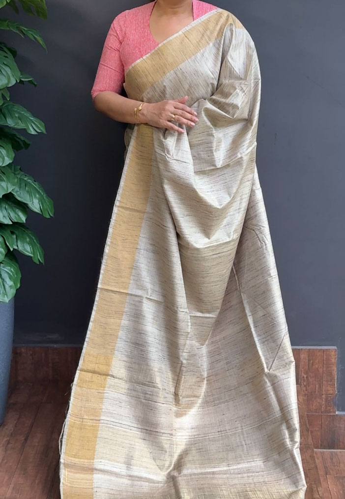 1382SR09| Pearl Cream Dyable Pure Khadhi Tussar Silk Saree W/Full Body Khadhi Woven Pattern W/Border & Pallu