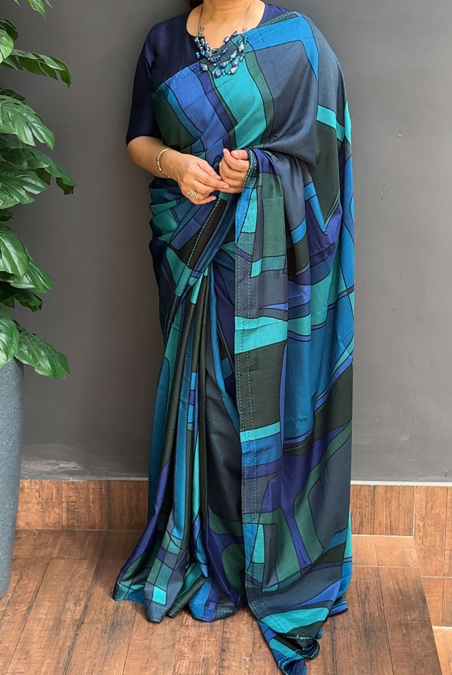 1544SR01 | Multicolor Soft Semi Silk Saree W/ Full Body Multicolor Abstract Geometrical Pattern W/ Kantha Stitch Border & Pallu