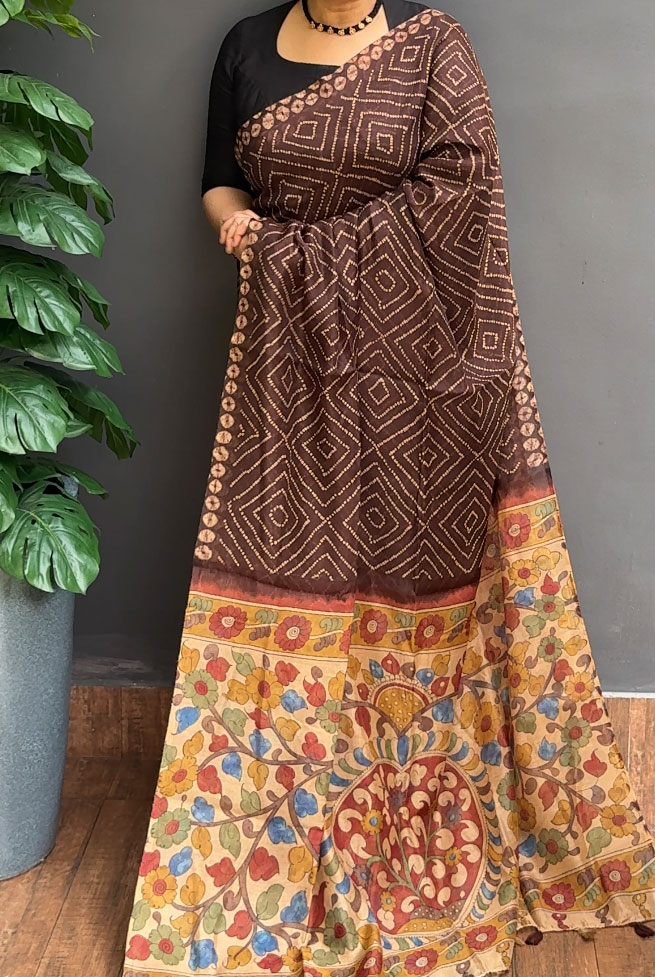 Deep Coffee Brown Color Pure Chanderi Saree With Contrast Matching Blouse