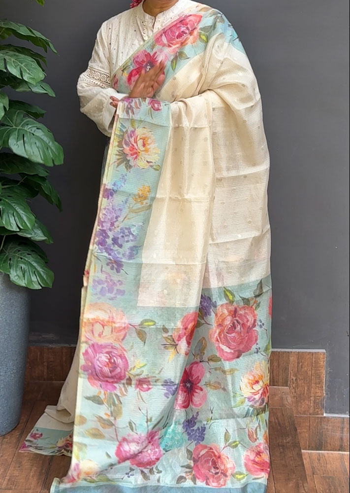 1536SR03|Off White With Aqua Blue Soft Silky Cotta Saree W/ Full Body Banarasi Woven Silver Zari Floral Butti Work W/ Border & Pallu