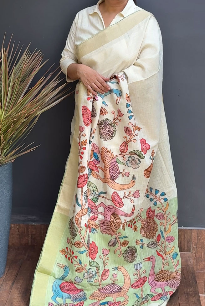 1608SR02 | Pearl Cream With Pista Green Soft Linen Saree W/ Full Body Kalamkari Applique Work Floral Motifs W/ Border & Pallu