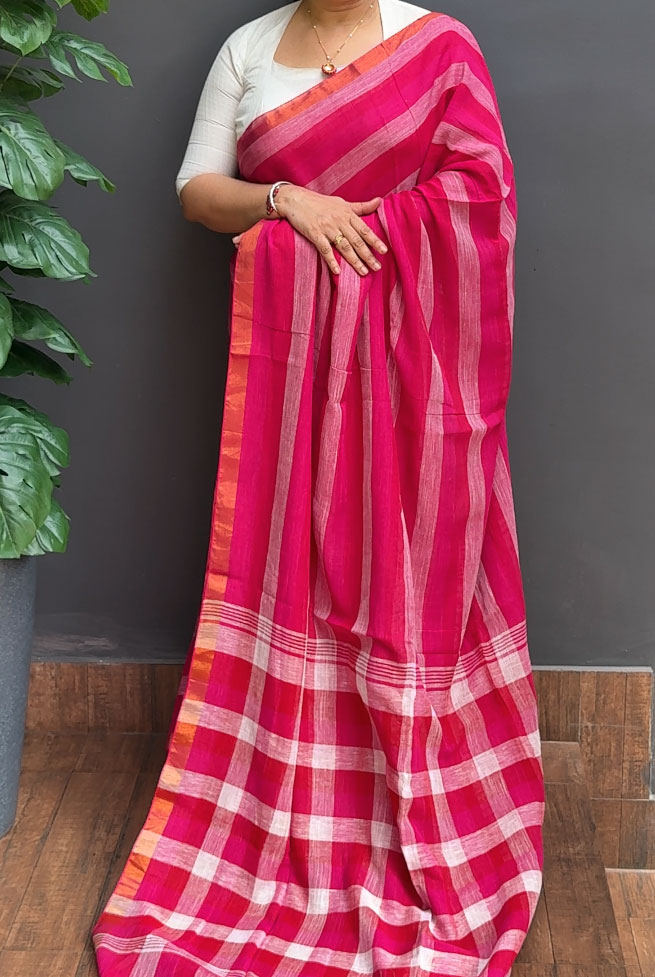 1591SR02 | Rani Pink With Red Soft Linen Cotton Saree W/ Full Body Multicolor Horizontal line Design W/ Border & Pallu