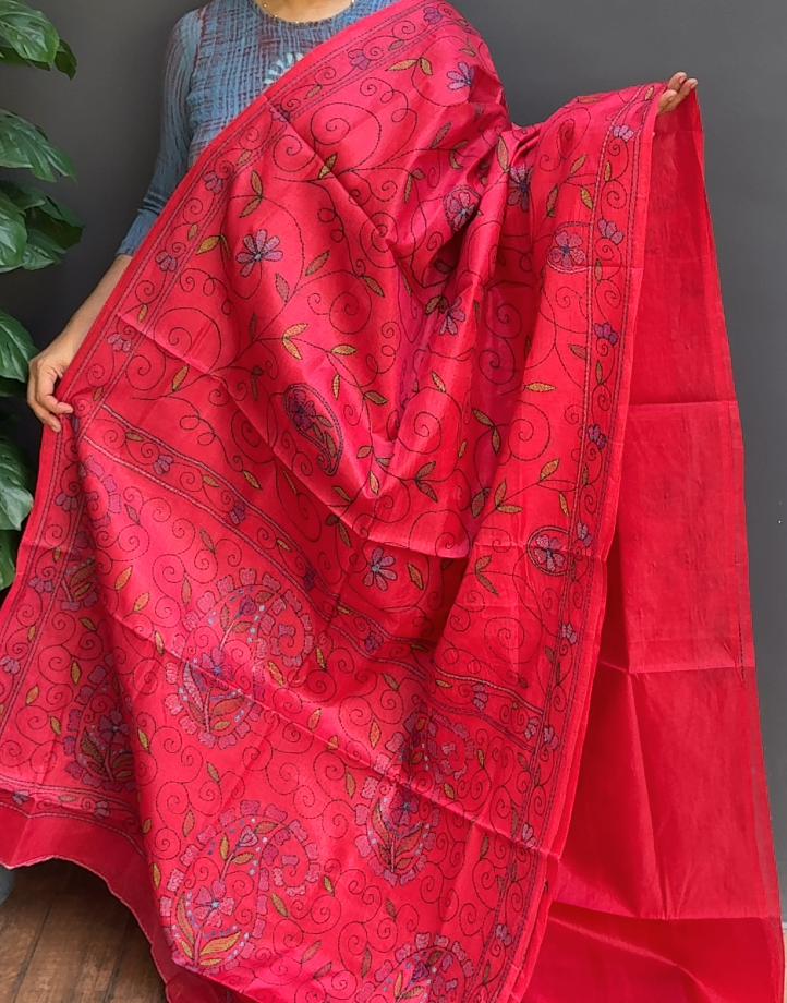 1704SR01 | Pinkish Red Soft Semi Tussar Saree W/Full Body Multicolor Kantha Work W/Border & Pallu