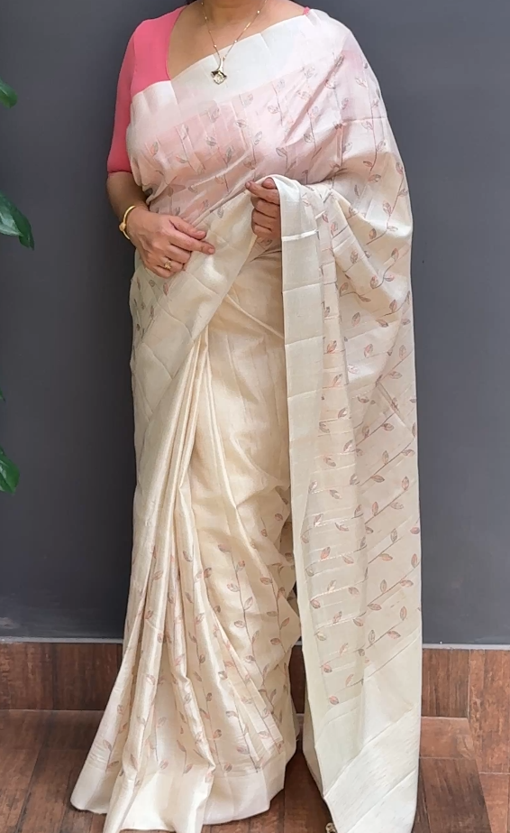 1684SR01 | Pearl Cream Soft Semi Tussar Saree W/ Full Body Multicolor Thread Embroidery Work W/ Border & Pallu