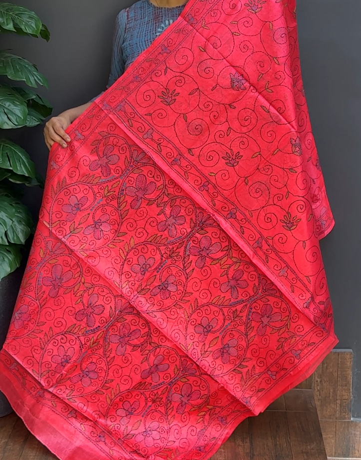 1704SR11 | Dark Peachish Pink Soft Semi Tussar Saree W/Full Body Multicolor Kantha Work W/Border & Pallu