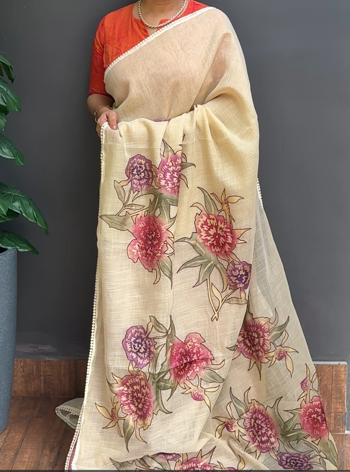 1640SR02 | Ivory Cream Linen Saree W/ Full Body Multicolor Floral Applique Work W/ Crochet Lace Border & Pallu