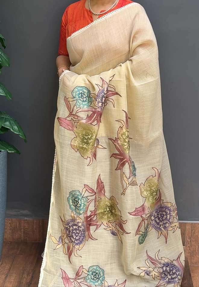 1640SR04 | Ivory Cream Linen Saree W/ Full Body Multicolor Floral Applique Work W/ Crochet Lace Border & Pallu