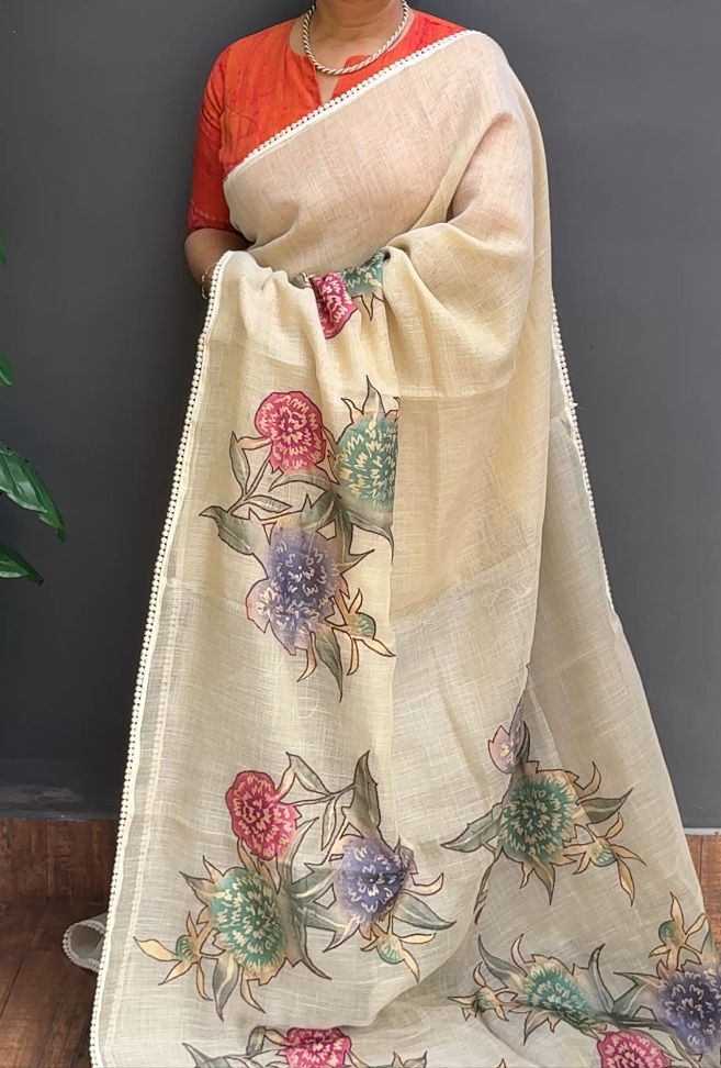 1640SR05 | Ivory Cream Linen Saree W/ Full Body Multicolor Floral Applique Work W/ Crochet Lace Border & Pallu