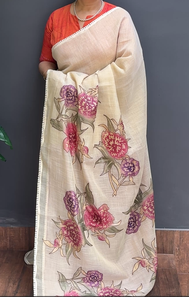 1640SR06 | Ivory Cream Linen Saree W/ Full Body Multicolor Floral Applique Work W/ Crochet Lace Border & Pallu