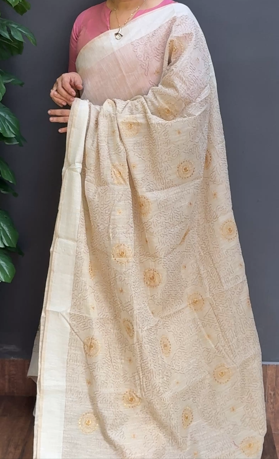 1677SR07 | Ivory Cream Soft Chanderi Saree W/ Full Body Thread Embroidery W/ Border & Pallu