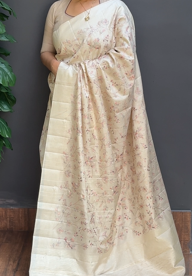1707SR07 | Pearl Cream Soft Semi Tussar Silk Saree W/ Full Body Multicolor Floral Jaal Thread Woven Embroidery Work W/ Border & Pallu