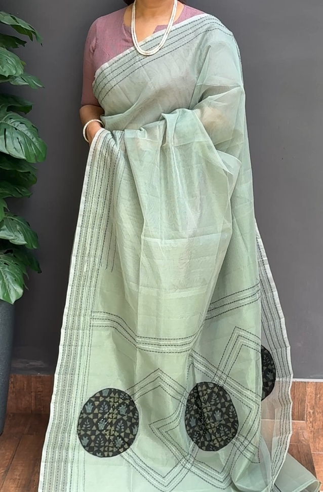 1644SR07 | Aqua Green Blended Teal Green Supernet Cotta Saree W/ Kantha Work Border & Applique Work Pallu