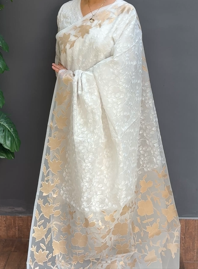 1741SR01 | Off White Organza Saree W/ Full Body Floral Jaal Pattern Thread Embroidery Work W/ Border & Pallu