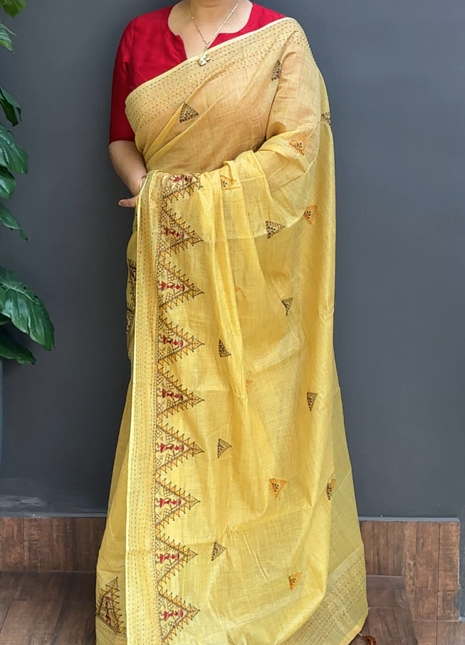 1759SR01 | Pastel Yellow Soft Chanderi Saree W/ Full Body Multicolor Embroidery Work Motifs W/ Kantha Work Border & Pallu