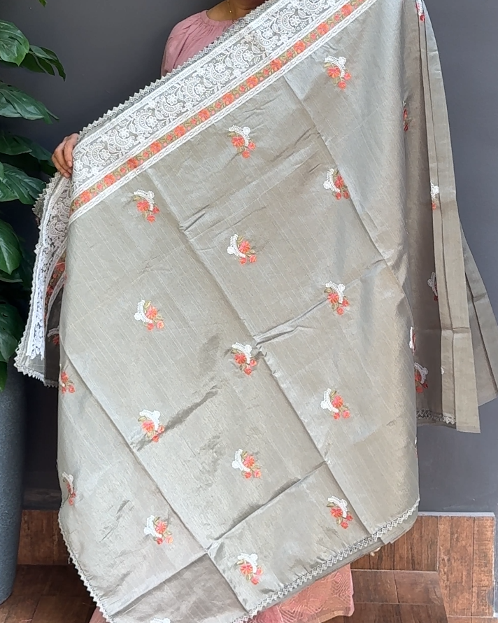 1764SR10 | Olive Green Blended Grey Soft Semi Silk Saree W/ Full Body Floral Embroidery Work W/ Border & Pallu