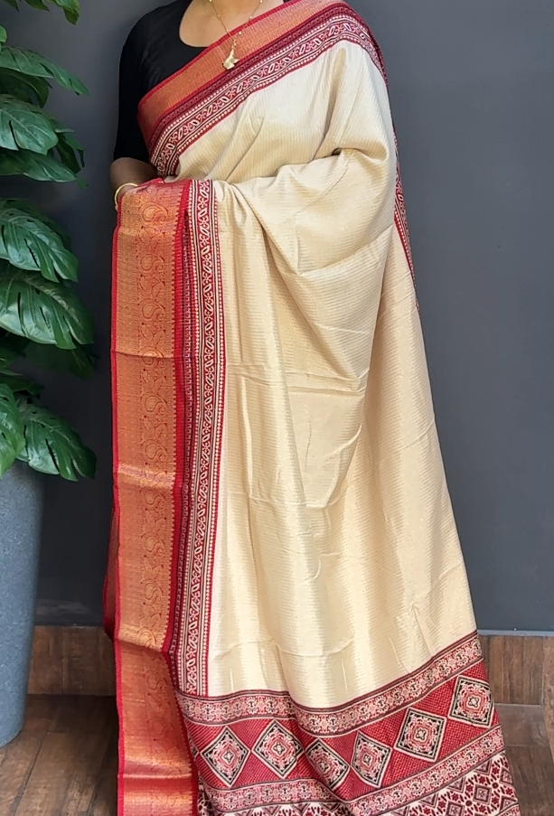 1726SR10 | Ivory Cream With Maroon Soft Dola Silk Saree W/ Full Body Golden Zari Woven Pattern W/ Banarasi Border & Ajrakh Pallu