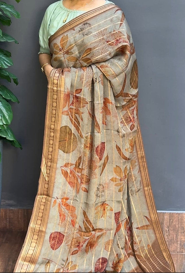 1667SR11 | Grey Crushed Banarasi Semi Silk Saree W/ Full Body Golden Zari Check Weave Pattern-Floral Design W/Banarasi Border & Pallu