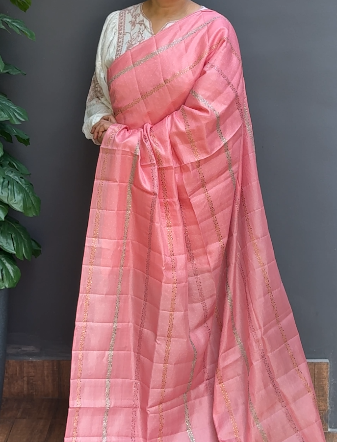 1752SR11 | Pastel Baby Pink Blended Peach Soft Semi Silk Saree W/ Full Body Horizontal Thread Woven Pattern W/ Pallu