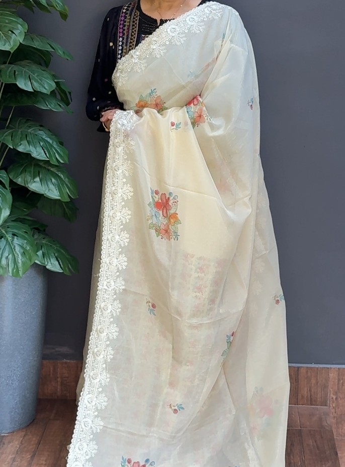1725SR11 | Ivory Cream Organza Saree W/ Full Body Floral Digital Print W/ Embroidered Border & Pallu