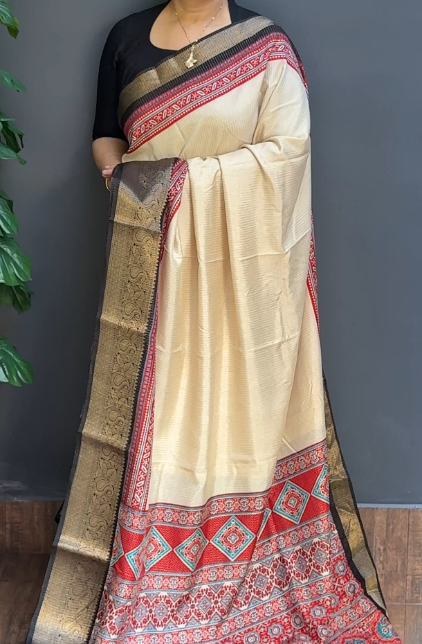 1726SR11 | Ivory Cream With Black Soft Dola Silk Saree W/ Full Body Golden Zari Woven Pattern W/ Banarasi Border & Ajrakh Pallu