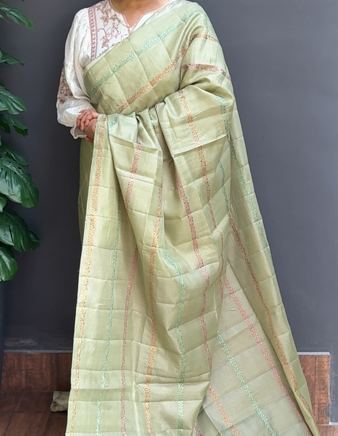1752SR12 | Pista Green Soft Semi Silk Saree W/ Full Body Horizontal Thread Woven Pattern W/ Pallu