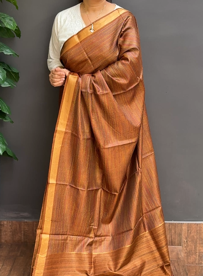 1749SR12 | Brown Pure Tussar Jute Silk Saree W/ Full Body Multicolor Jute Thread Woven Pattern W/ Border & Pallu