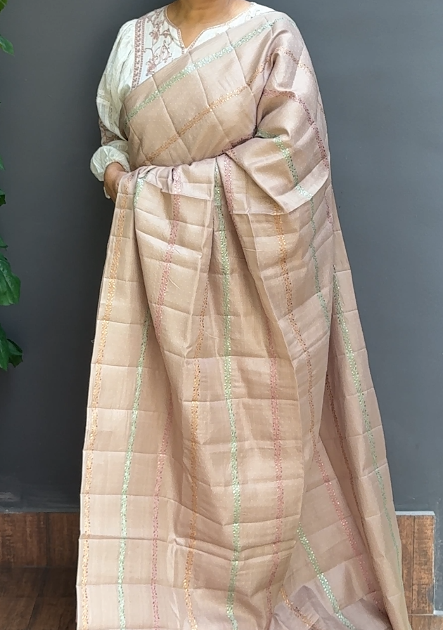 1752SR13 | Lighter Brown Soft Semi Silk Saree W/ Full Body Horizontal Thread Woven Pattern W/ Pallu