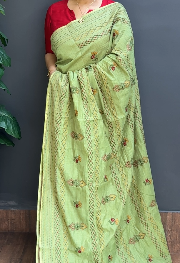 1759SR13 | Parrot Green Soft Chanderi Saree W/ Full Body Multicolor Horizontal Geometrical Pattern W/ Kantha Work Border & Pallu