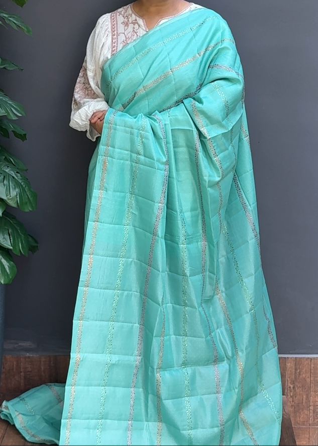 1752SR14 | Turquoise Green Soft Semi Silk Saree W/ Full Body Horizontal Thread Woven Pattern W/ Pallu