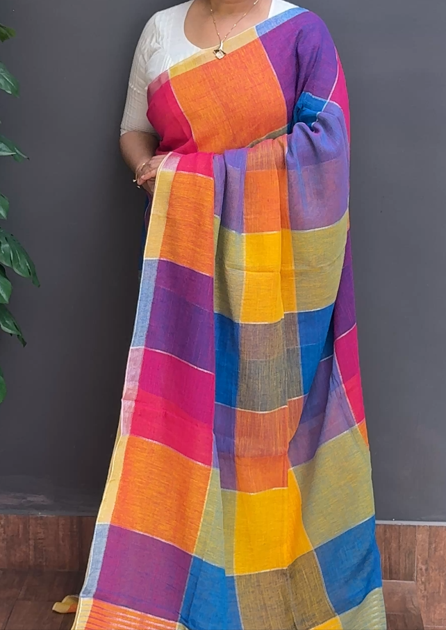 1739SR02 | Multicolor Pure Cotton Saree W/ Full Body Checkered Design W/ Border & Pallu