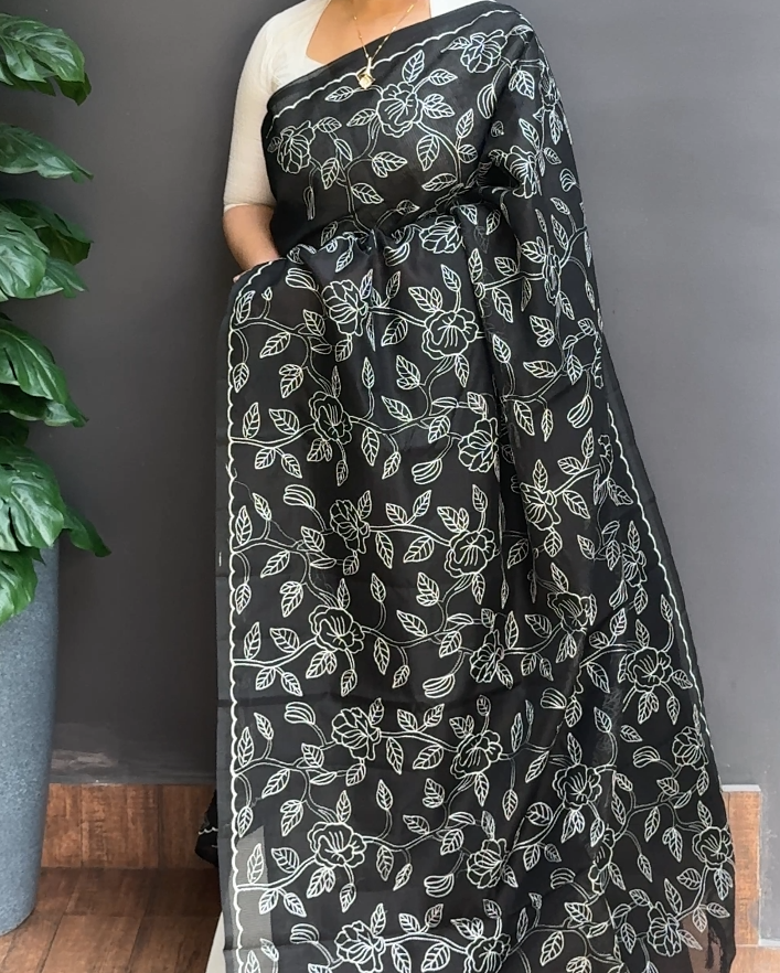 1748SR02 | Black Supernet Cotta Saree W/Full Body Floral Embroidery Work W/ Scallop Border & Pallu