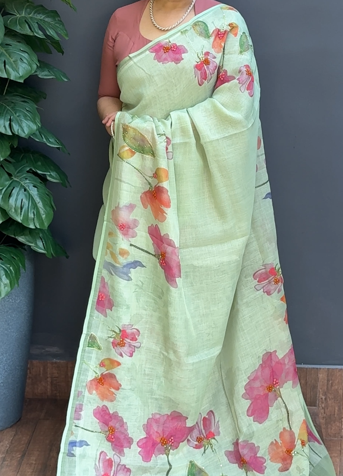 1699SR02 | Pista Green Soft Linen Saree W/ Full Body Multicolor Floral Kantha-Handwork W/ Border & Pallu
