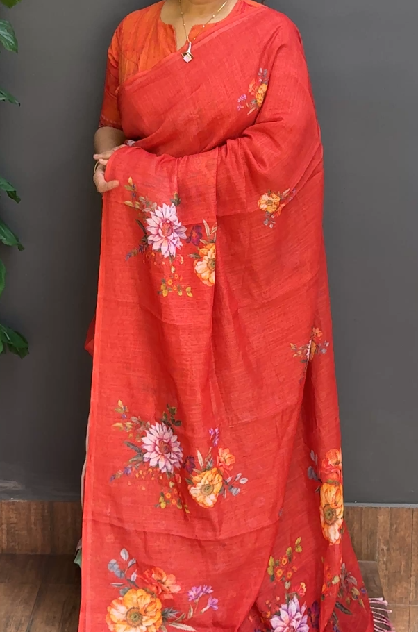1718SR02 | Dark Brick Shade Soft Semi Linen Saree W/ Full Body Multicolor Floral Design W/ Pallu