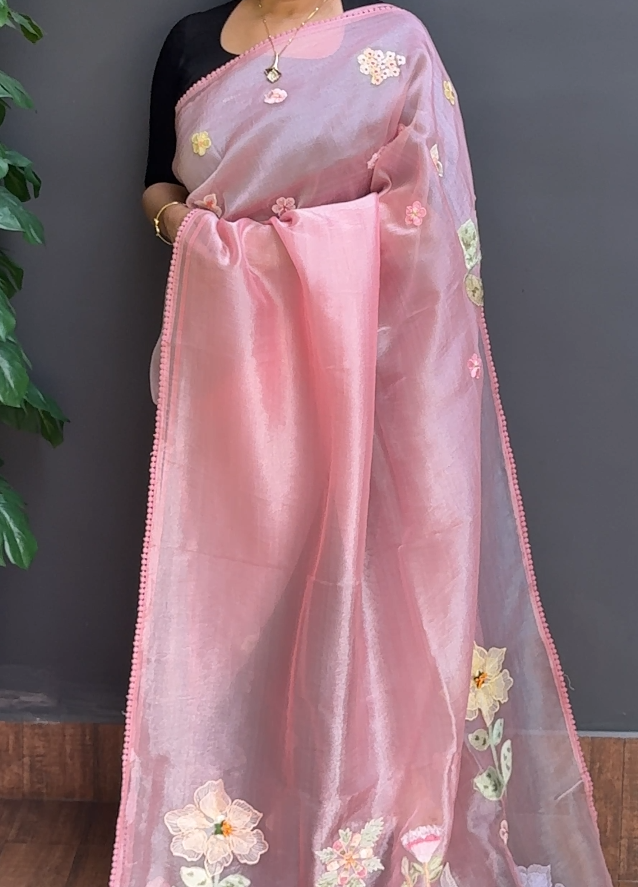 1755SR02 | Pastel Pink Glass Organza Saree W/ Full Body Floral Applique Work W/ Crochet Lace Border & Pallu