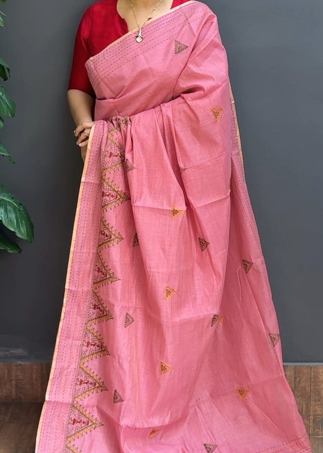 1759SR02 | Lotus Pink Soft Chanderi Saree W/ Full Body Multicolor Embroidery Work Motifs W/ Kantha Work Border & Pallu