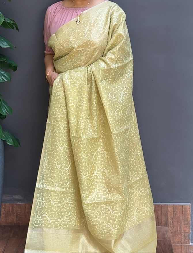 1764SR02 | Pastel Pista Green Soft Tissue Saree W/ Full Body Floral Jaal Thread Woven Pattern W/Border & Pallu