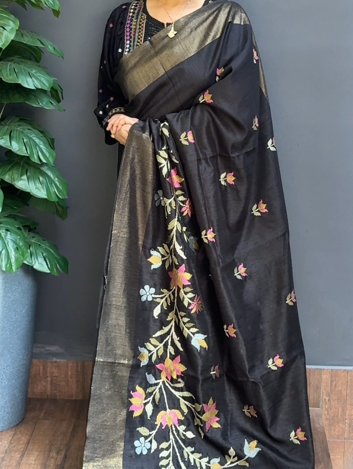 1725SR02 | Jet Black Green Silk Saree W/ Full Body Multicolor Floral Cross Stitch Embroidery Work W/ Border & Pallu