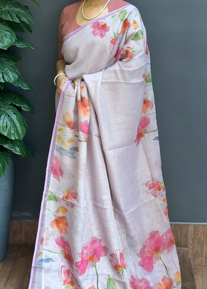 1699SR03 | Lavender Soft Linen Saree W/ Full Body Multicolor Floral Kantha-Handwork W/ Border & Pallu