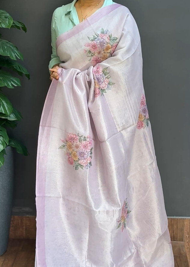 1733SR03 | Lavender Linen-Organza Saree W/ Full Body Multicolor Floral Handwork Motifs W/ Border & Pallu