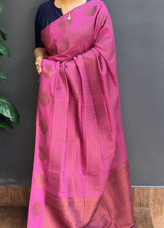 1761SR03 | Persian Rose Soft Banarasi Semi Silk Saree W/ Full Body Copper Zari Woven Checkered Pattern W/Border & Brocade Pallu