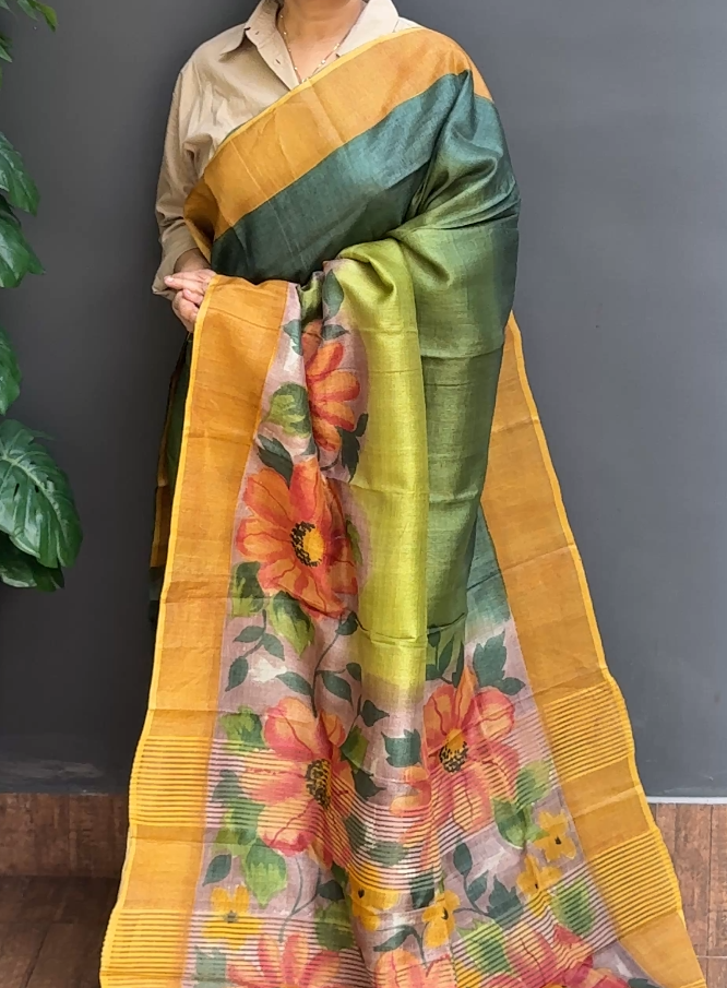 1743SR03 | Multicolor Soft Pure Desi Tussar Silk Saree W/ Full Body Floral Design W/ Border & Pallu