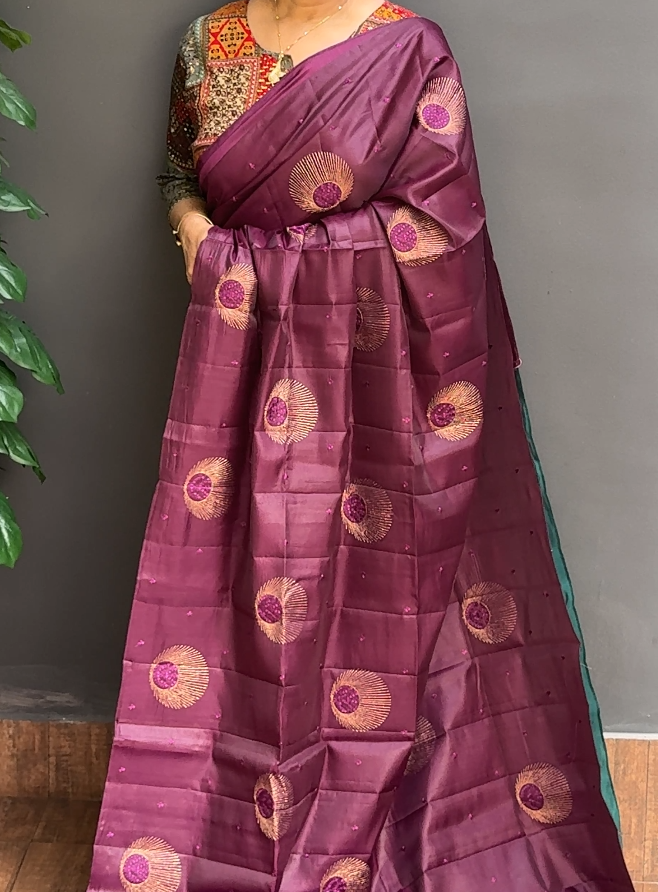 1740SR04 | Jamun Shade Soft Semi Silk Saree W/ Full Body Floral Embroidery Work Motifs W/ Pallu